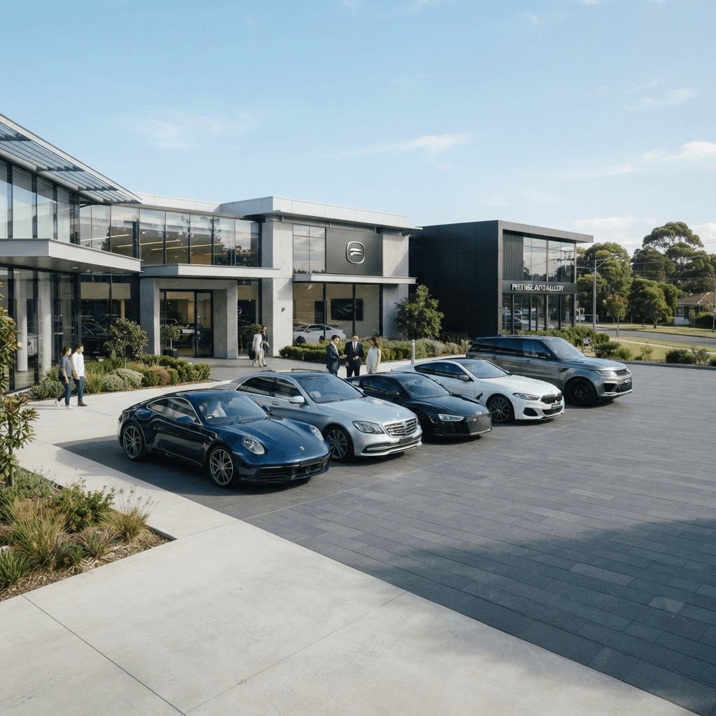 A row of premium cars outside a modern dealership